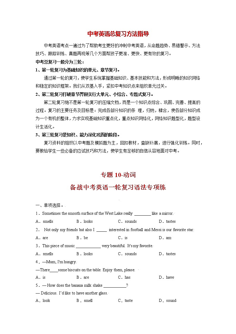 中考英语一轮语法专项练  专题10-动词01