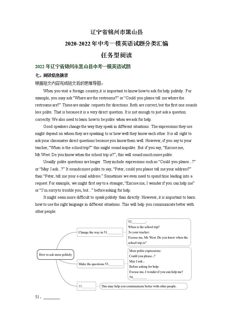 辽宁省锦州市黑山县2020-2022年中考一模英语试题分类汇编：任务型阅读01
