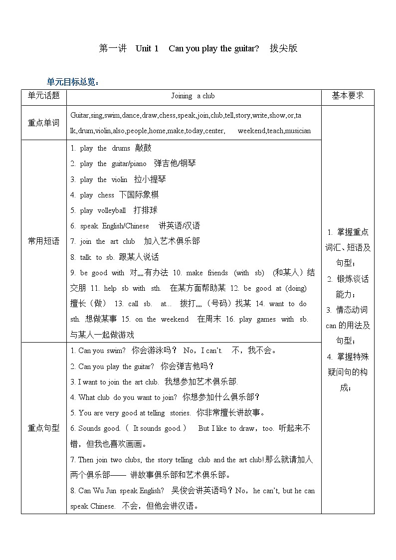 新目标初一下册（春季班）英语  第1讲  Unit 1  Can you play the guitar？拔尖版 试卷01