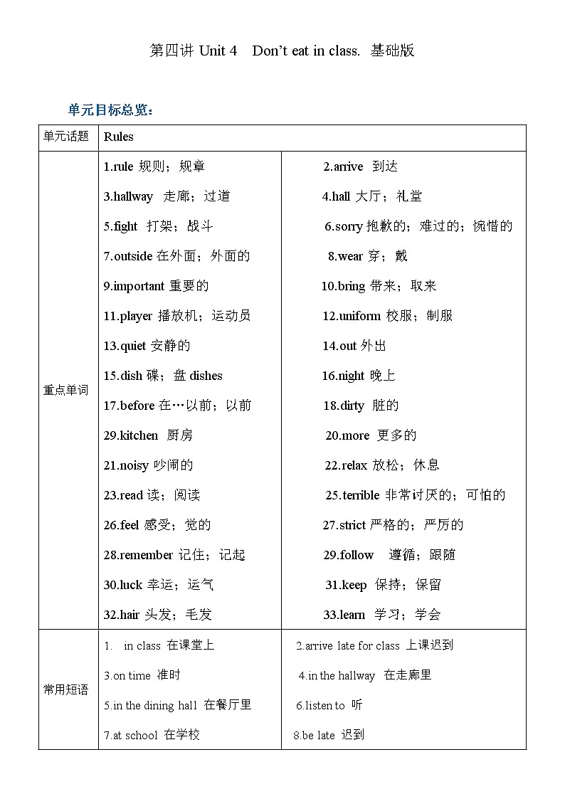 新目标初一下册（春季班）英语  第4讲 Unit 4基础版（学生版）第1页