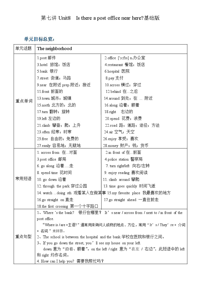 新目标初一下册（春季班）英语  第8讲 Unit 8 Is there a postoffice near here？基础版（教师版）第1页