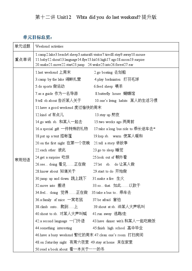 新目标初一下册（春季班）英语  第12讲  Unit 12 What did you do last weekend？提升版 试卷01