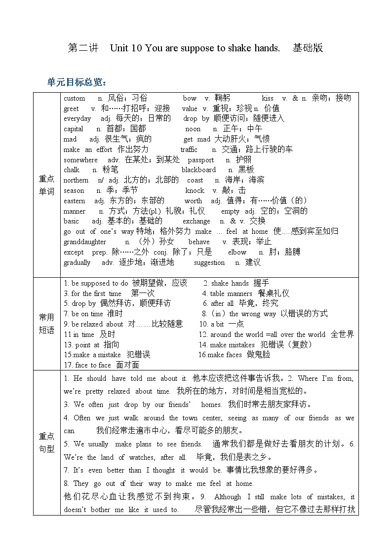 第10讲 unit10  You're supposed to shake hands. 基础版 教案01