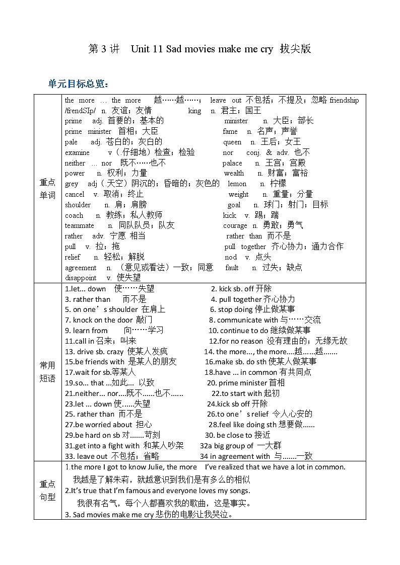 第11讲 unit11  Sad movies make me cry. 拔尖版 教案01