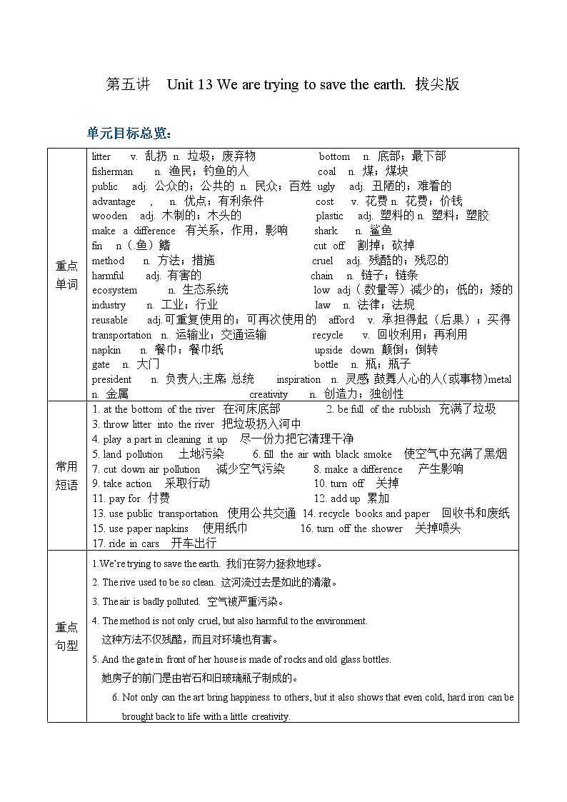 第13讲 unit13  We're trying to save the earth. 拔尖版 教案01