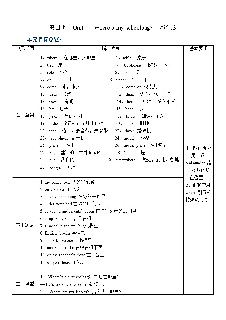 第4讲 Unit 4  Where 's my schoolbag？ 基础版（教师版）第1页