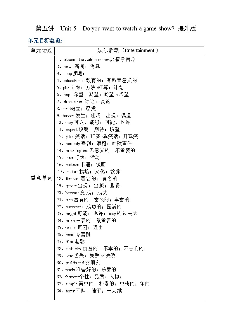 初二英语上册（秋季班）讲义  第5讲 Unit 5  Do you want to watch a game show？  提升版01