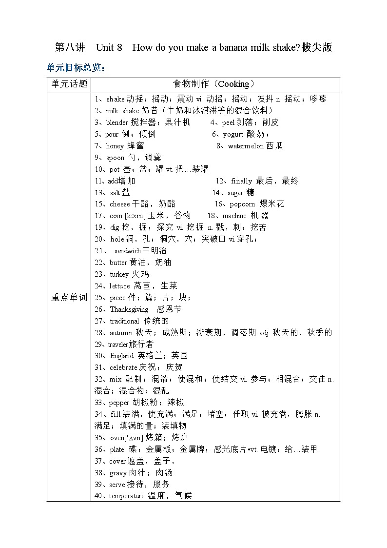 初二英语上册（秋季班）讲义  第8讲 Unit 8  How do you make a banana milk shake？  拔尖版01