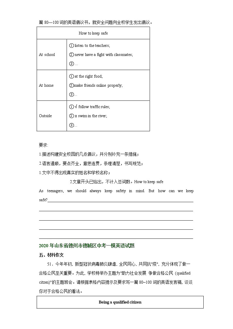 山东省德州市德城区2020-2022年中考英语一模试题分类汇编：书面表达第2页