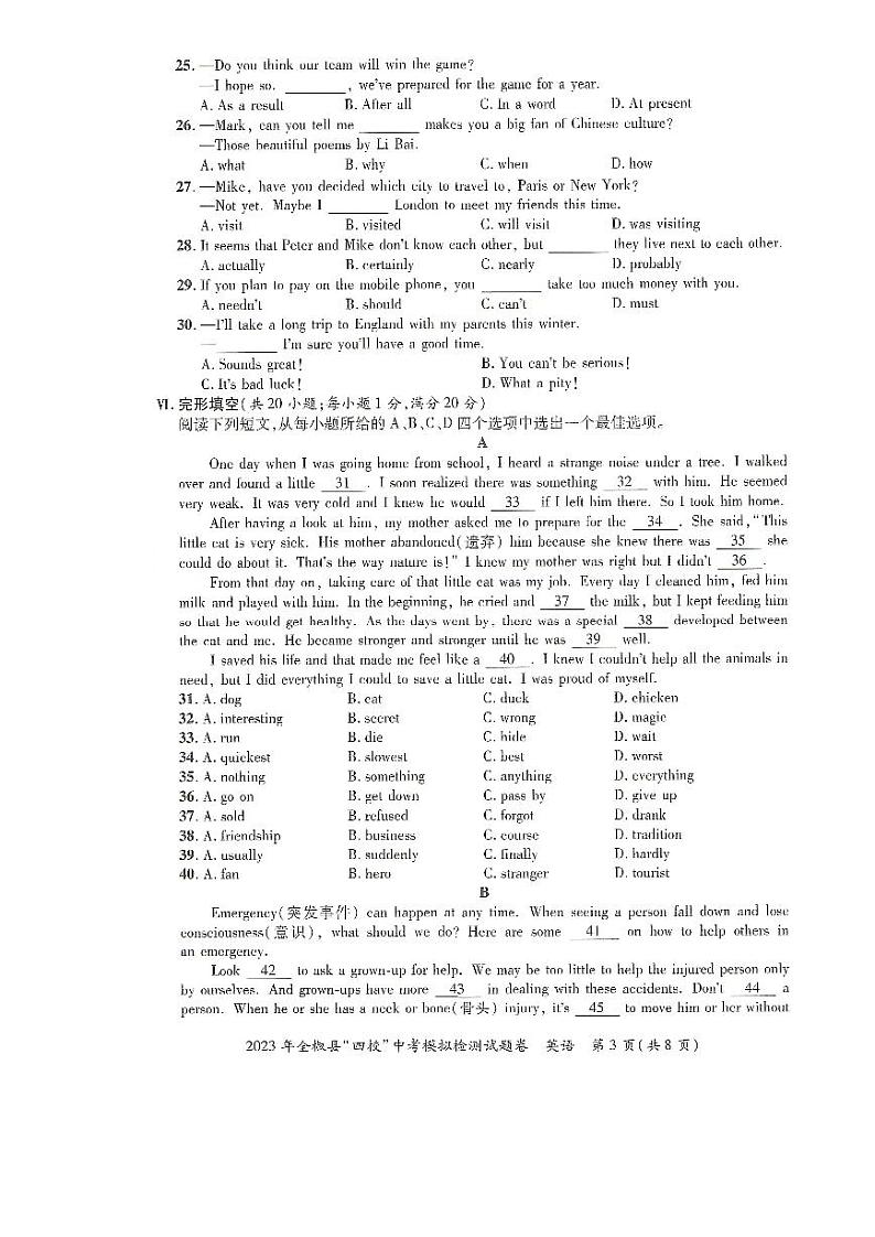 滁州市全椒县2023年九年级四校联考中考英语模拟检测试卷（含答案）03