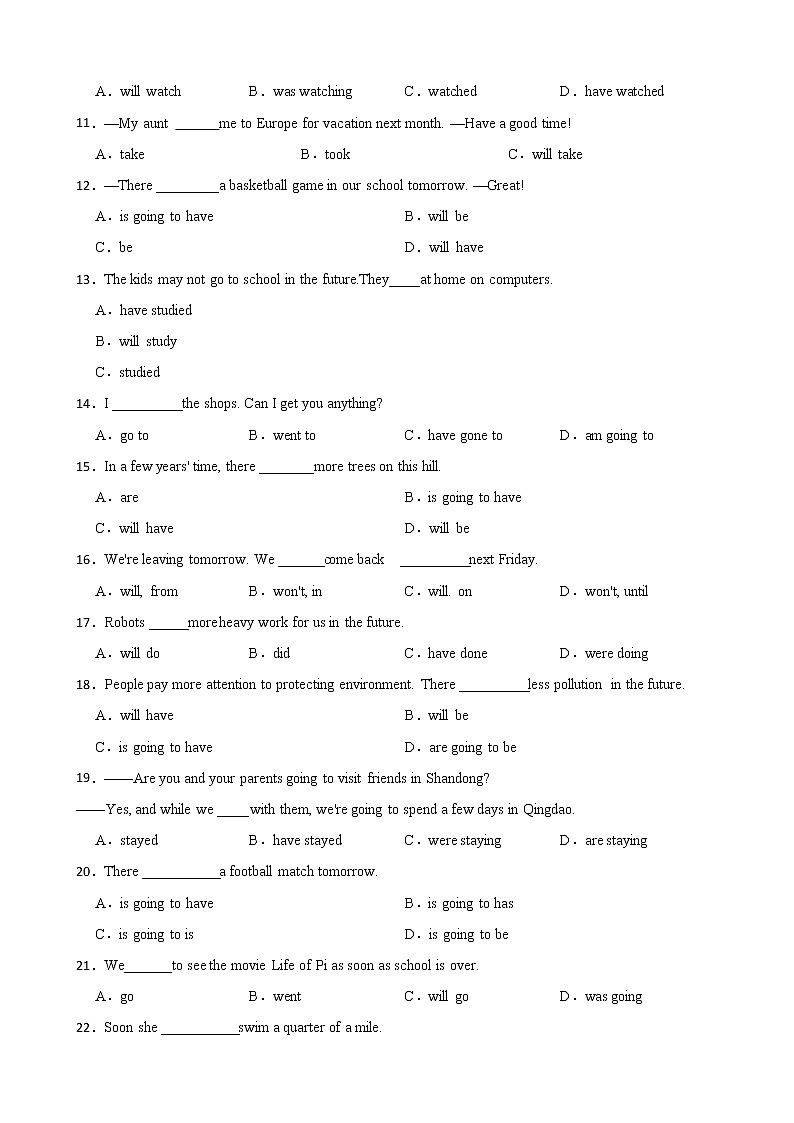 100题初中考英语语法专项复习：一般将来时强化练习02