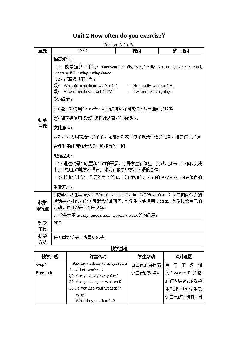 Unit 2 第1课时 Section A (1a-2d)(教学设计)人教新目标（Go For It）八年级英语上册01