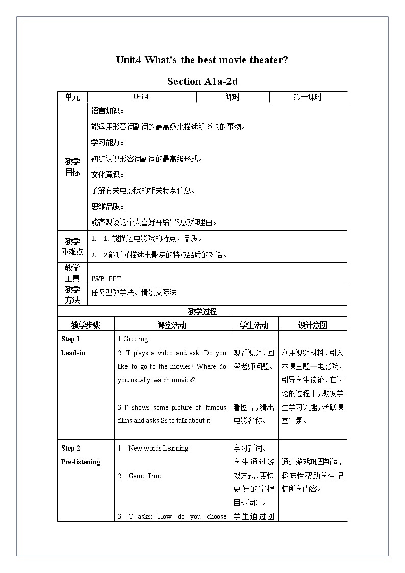 Unit 4 第1课时 Section A (1a-2d)(教学设计)人教新目标（Go For It）八年级英语上册01