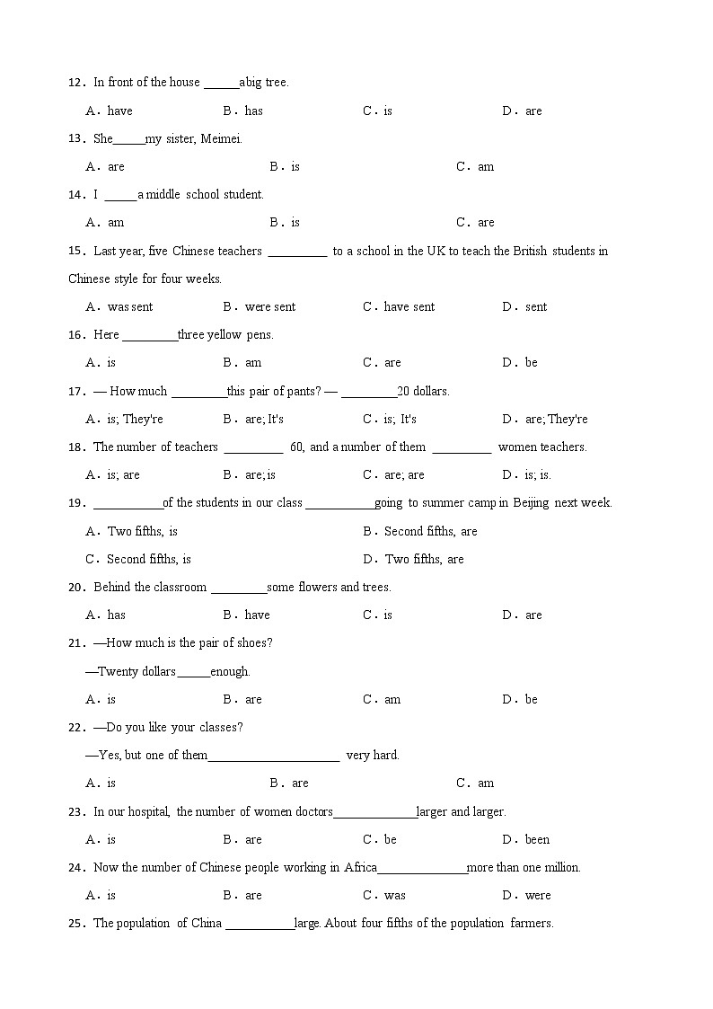 初中考英语：系动词be专项练习题第2页