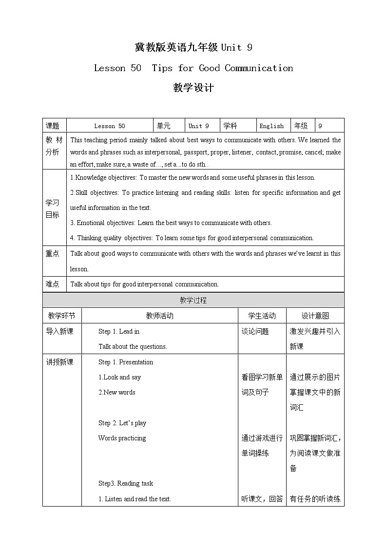 冀教版英语九年级下册 Lesson 50 Tips for Good Communication  课件+教案+导学案01