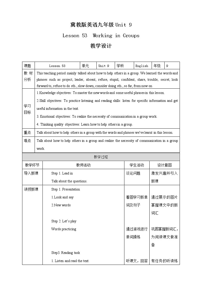 冀教版英语九年级下册 Lesson 53  Working in groups  课件+教案+导学案01