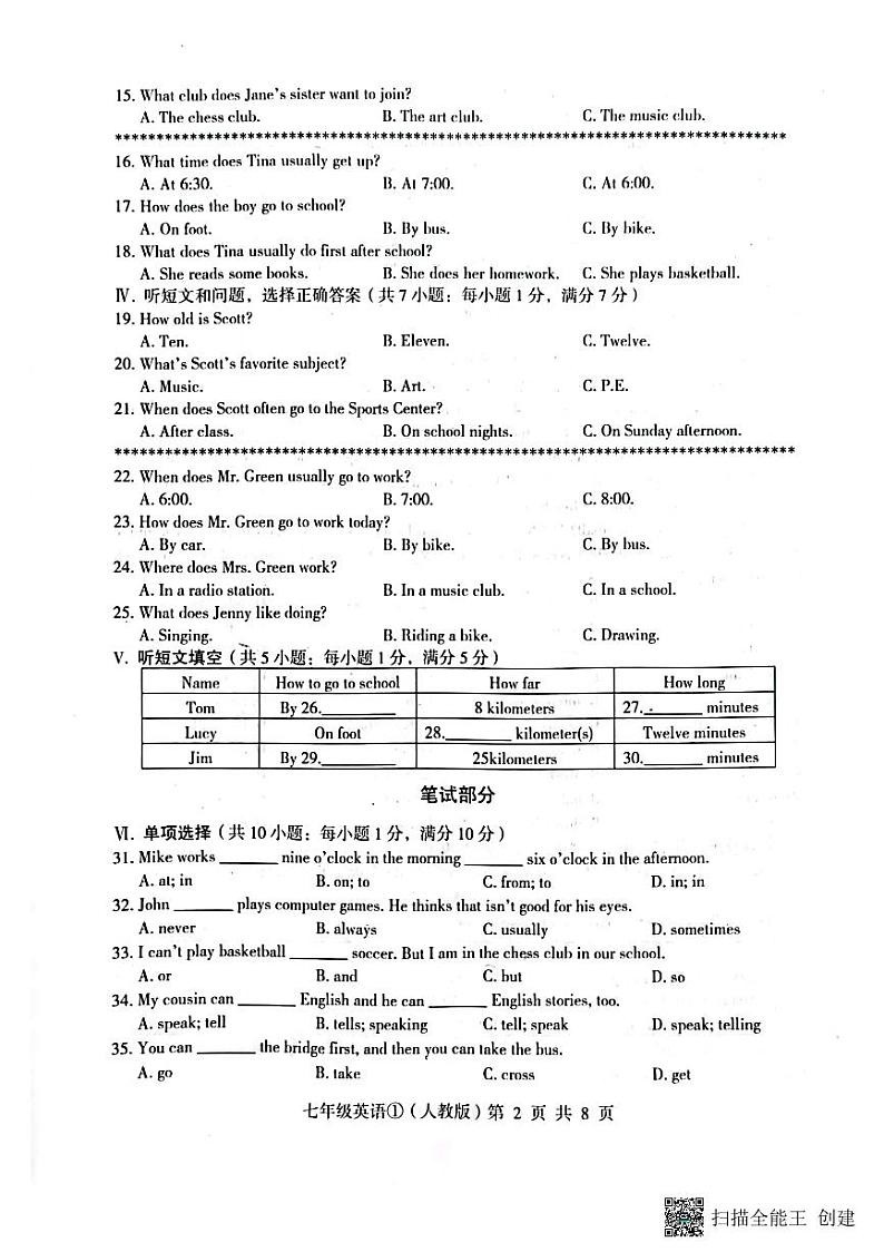 2022-2023学年度第二学期自我评价①七年级英语（扫描版+答案）第2页