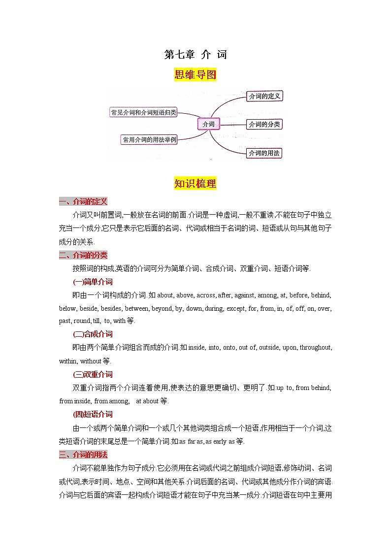 第七章介词（思维导图+知识梳理+好题精炼）2022-2023初中英语中考语法归纳01