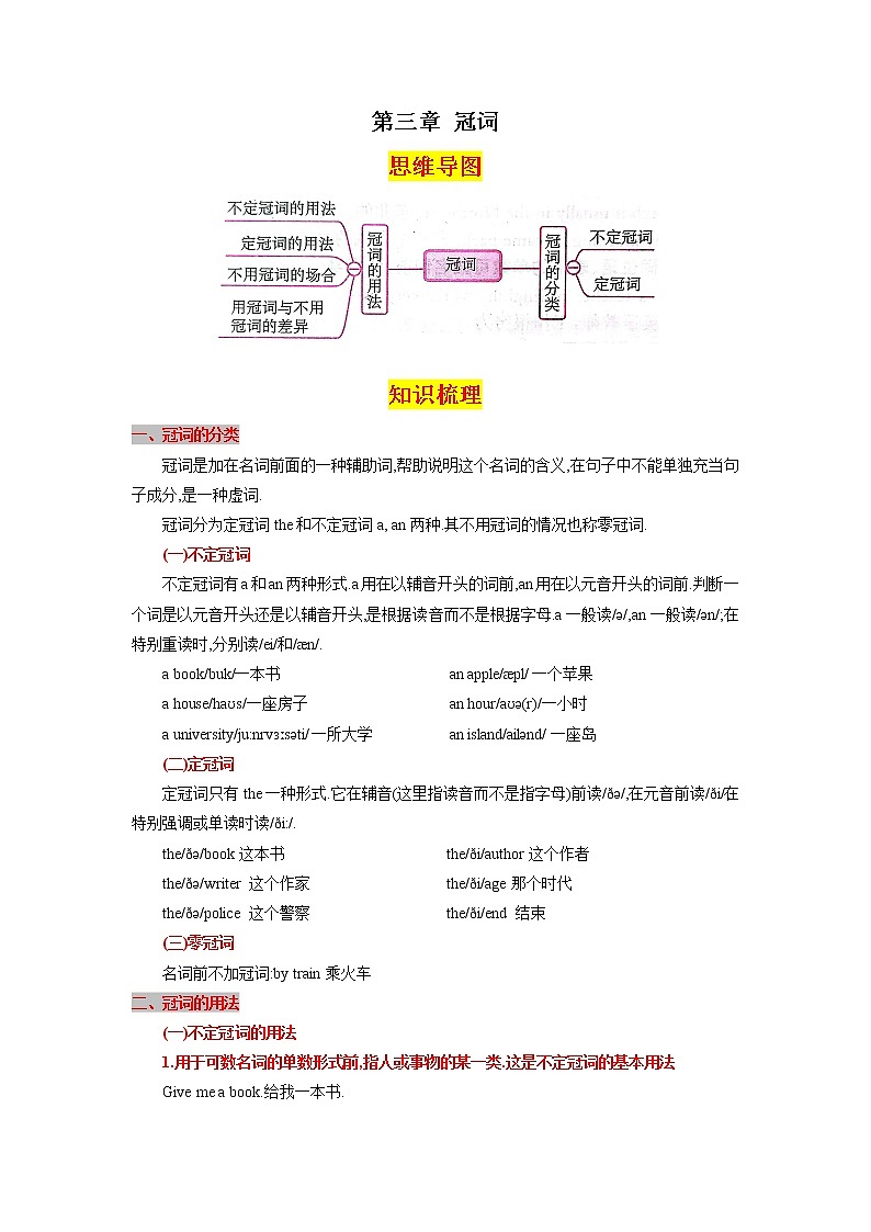 第三章冠词（思维导图+知识梳理+好题精炼）2022-2023初中英语中考语法归纳第1页