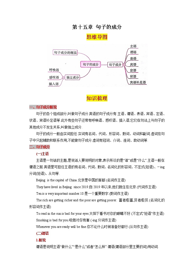 第十五章句子的成分（思维导图+知识梳理+好题精炼）2022-2023初中英语中考语法归纳第1页