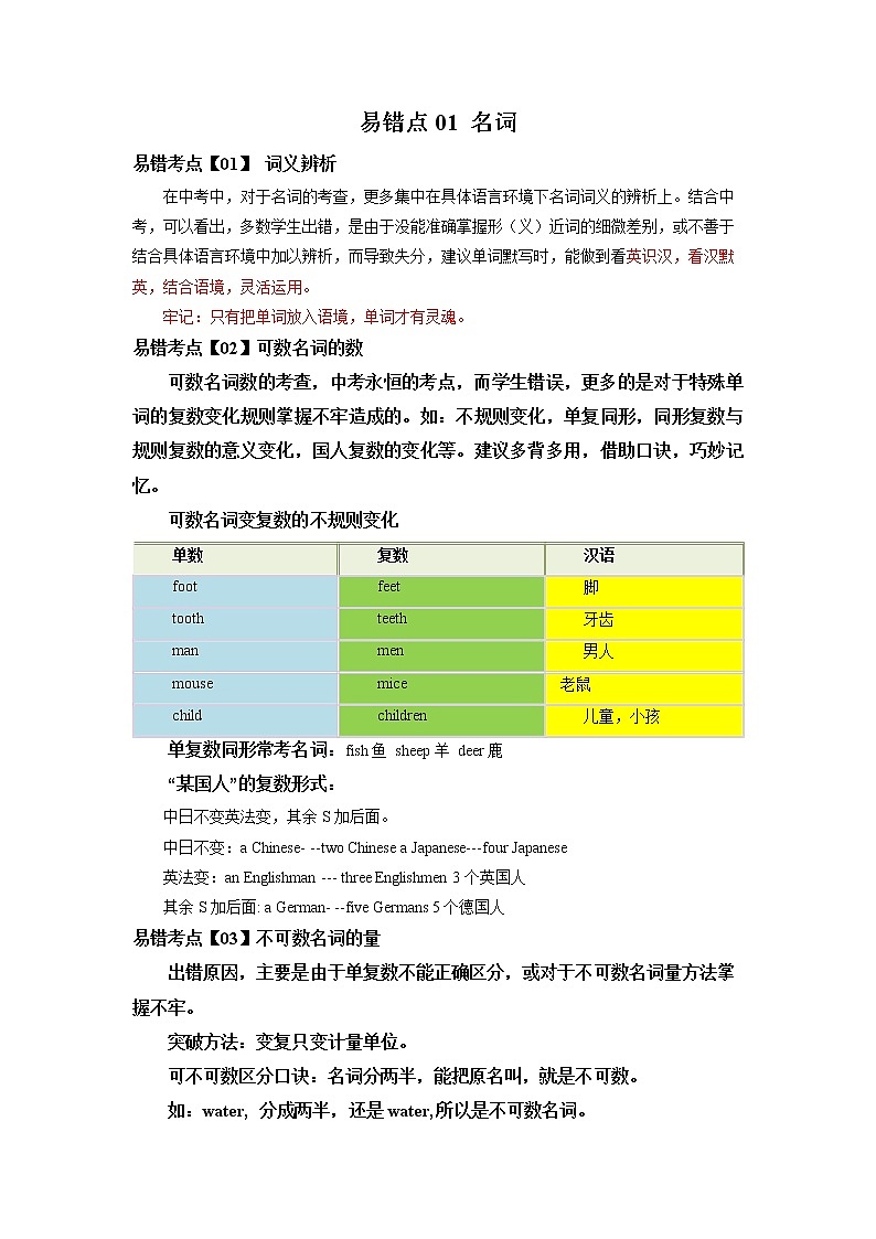 【全国通用】中考英语易错题汇编——01 名词（原卷版+解析版）01