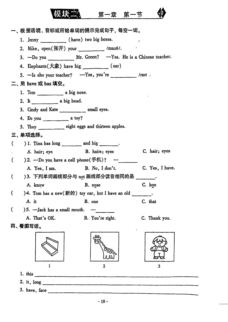 仁爱科普版英语七年级上册unit2 topic1 I have a small nose 随堂练习（无答案）01