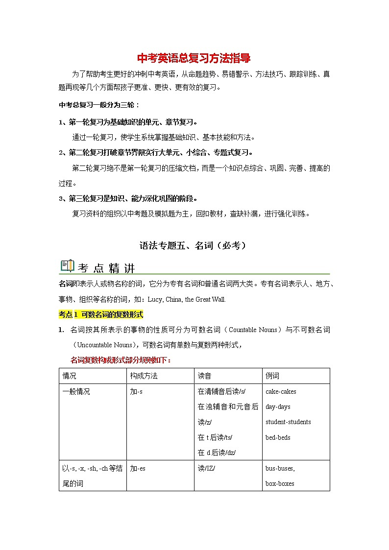 语法专题五 名词【考点精讲精练】-2023年中考语法一点通（教师版）第1页