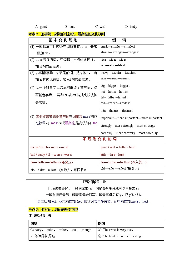 语法专题六 形容词和副词【考点精讲精练】-2023年中考语法一点通（学生版）第2页