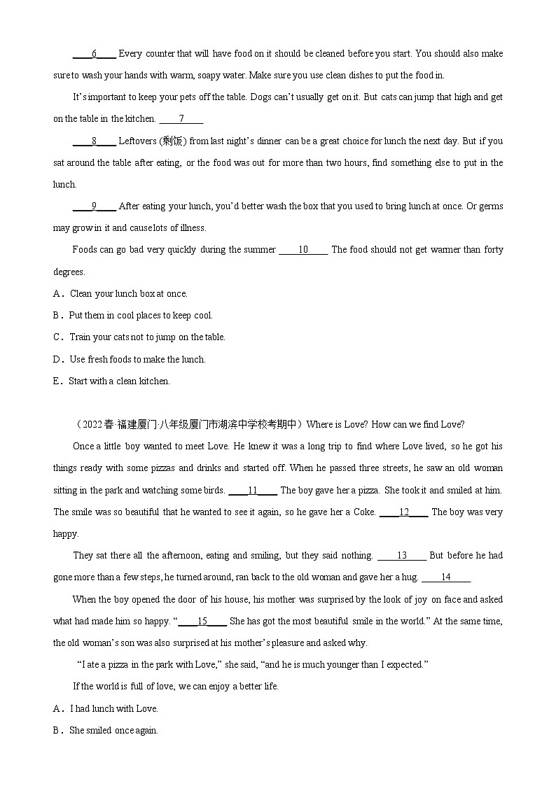 2022-2023学年仁爱版英语八年级 下学期期中高分冲刺训练学案：专题06 阅读还原15篇02