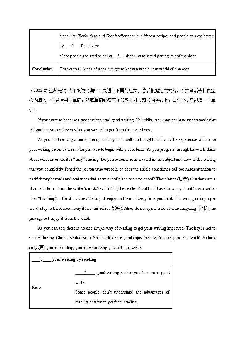 2023学年牛津译林版英语八年级下学期期中高分冲刺训练学案：专题12 阅读填表（5空）精练精析10篇（期中真题+名校模拟）（含答案）02