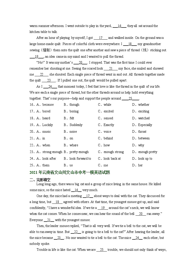 云南省文山州文山市2021-2023年中考英语一模试题分类汇编：完形填空02