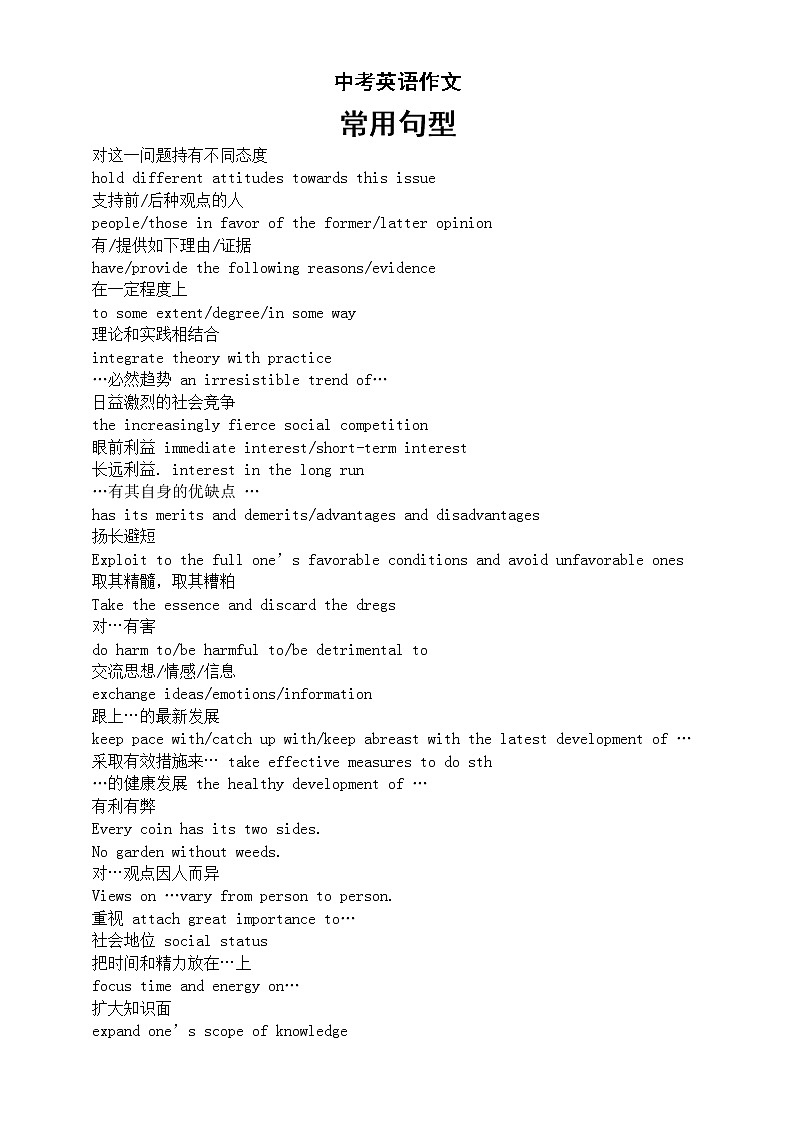 初中英语中考作文常用句型汇总第1页