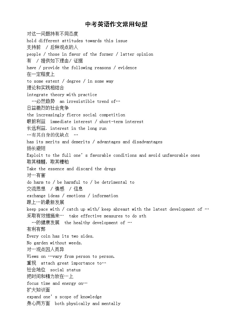 初中英语中考作文常用句型第1页
