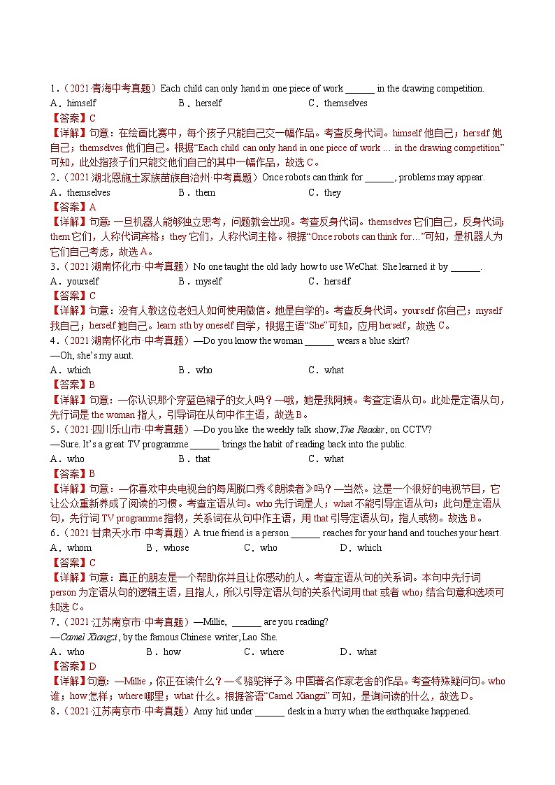(2020-2022)中考英语真题分项汇编专题4+反身代词、疑问代词、指示代词(含详解)03