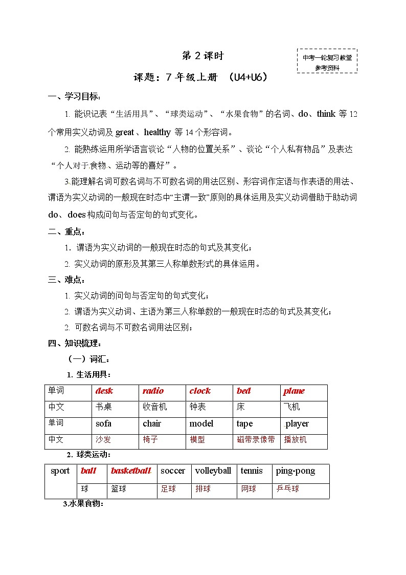 中考英语（人教新课标）一轮复习教案：七年级上册Unit 4-601