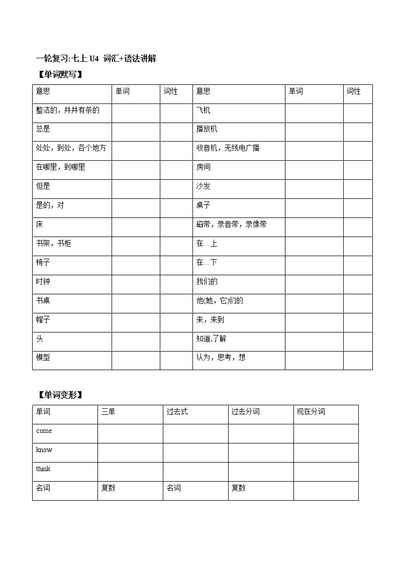 (人教版)中考英语一轮复习词汇整理+语法讲解七年级上册Unit 4 （词汇+语法讲解） (含答案) 试卷01