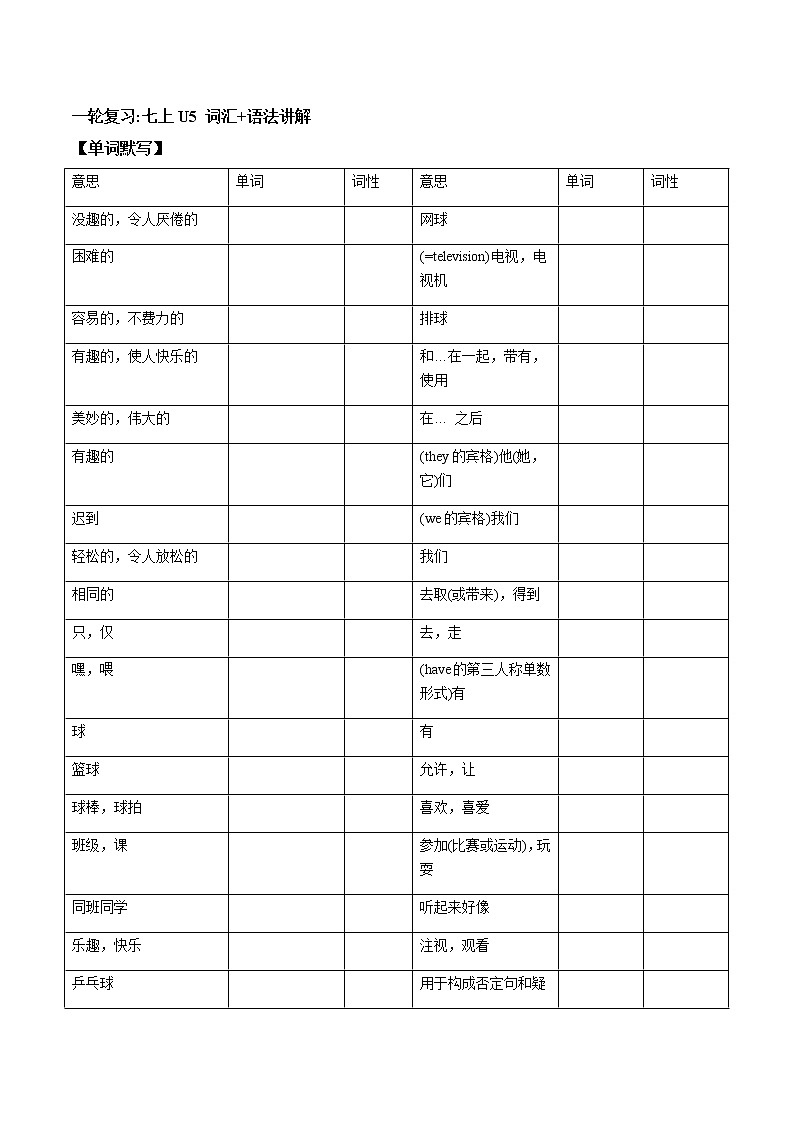 (人教版)中考英语一轮复习词汇整理+语法讲解七年级上册Unit 5 （词汇+语法讲解） (含答案) 试卷01