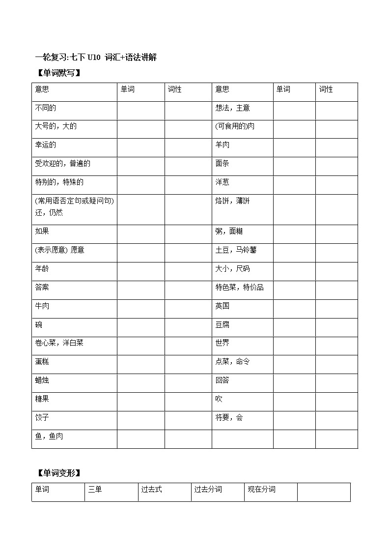 (人教版)中考英语一轮复习词汇整理+语法讲解七年级下册Unit 10 （词汇+语法讲解） (含答案)第1页