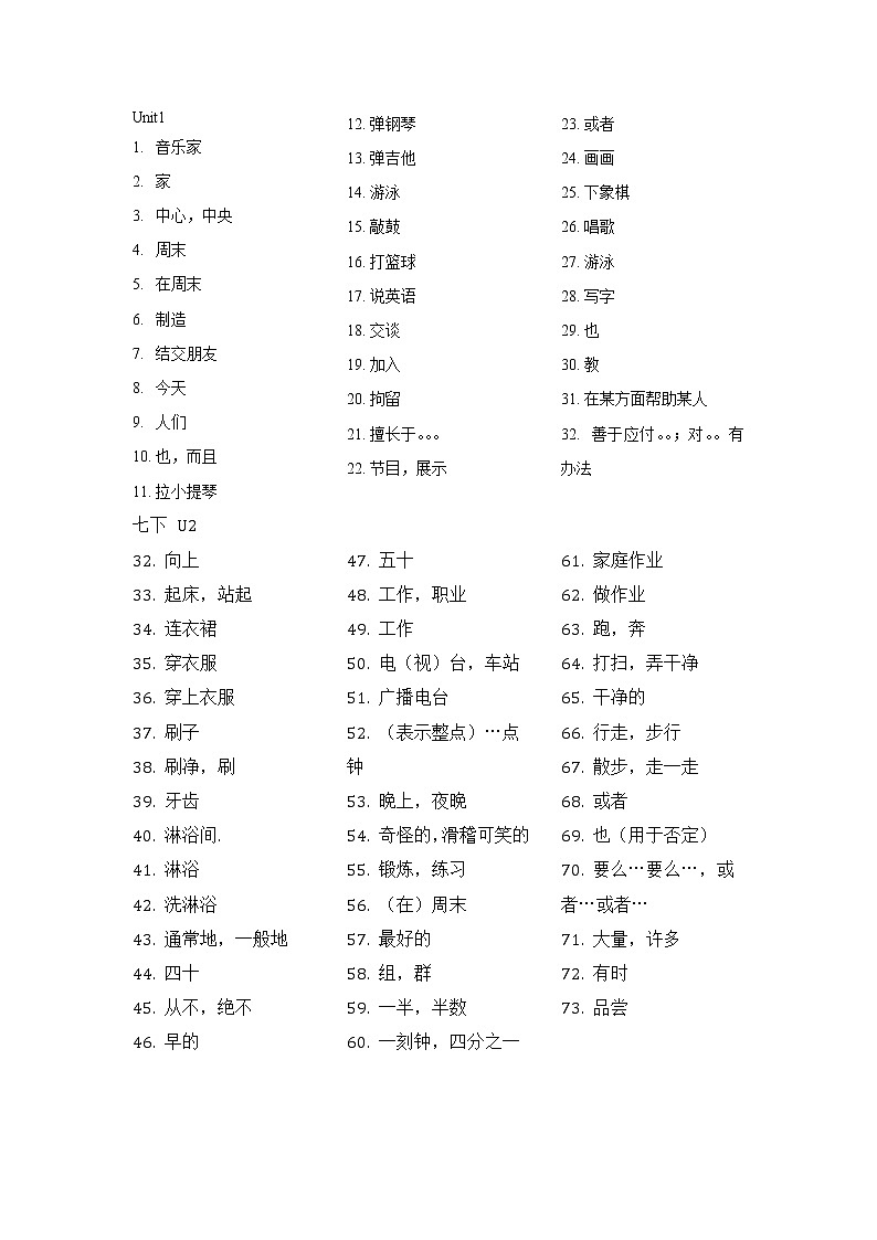 人教版七年级下册 Units1-4单元词汇默写（无答案） 试卷01