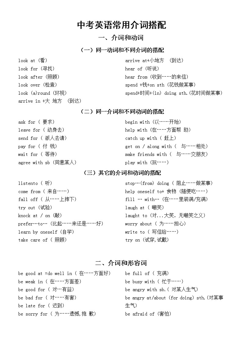 初中英语中考常用介词搭配（共四大类）第1页