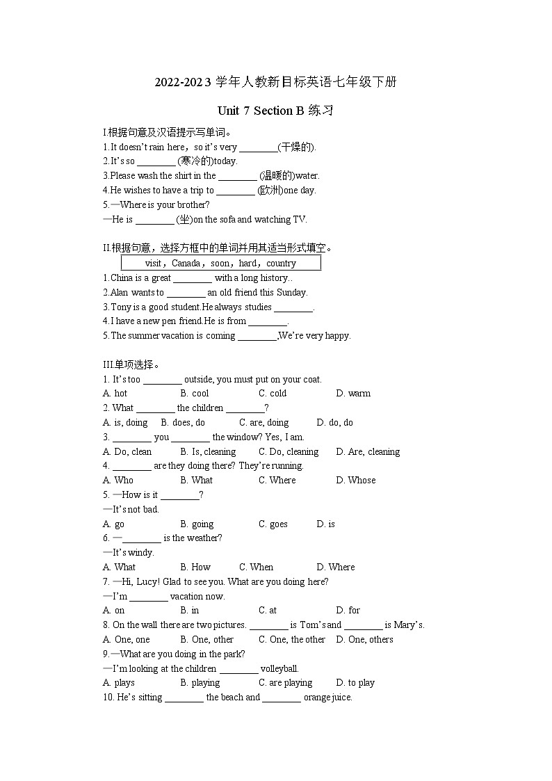 2022-2023学年人教新目标英语七年级下册Unit 7 Section B 练习(无答案）01