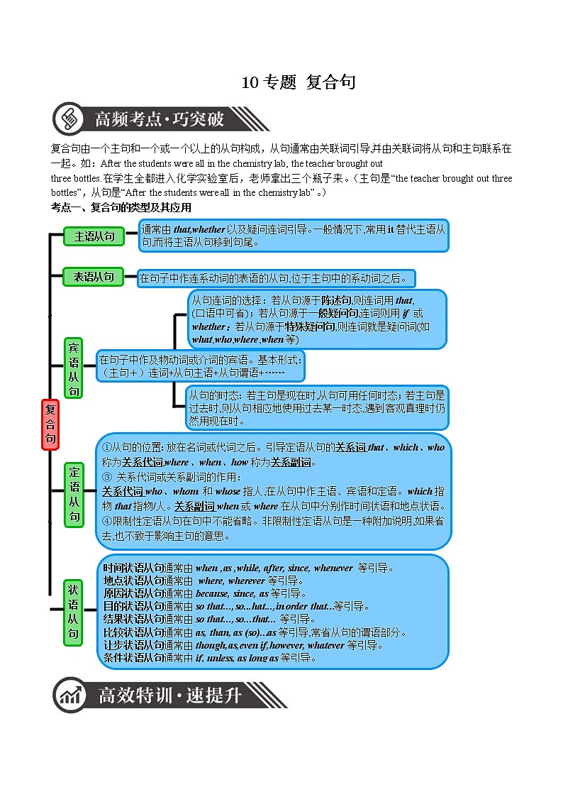 中考英语二轮复习英语语法专项突破+题型特训专题10 复合句(含答案)01