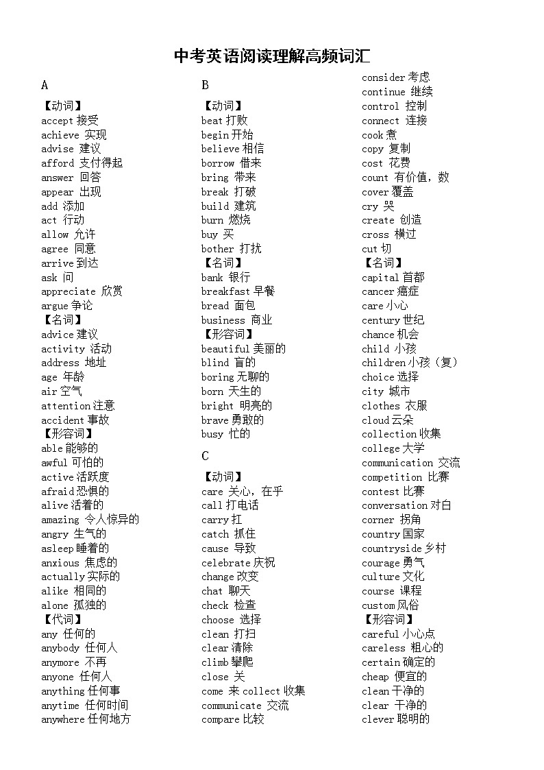 初中英语中考阅读理解高频词汇汇总（按字母顺序编排）第1页