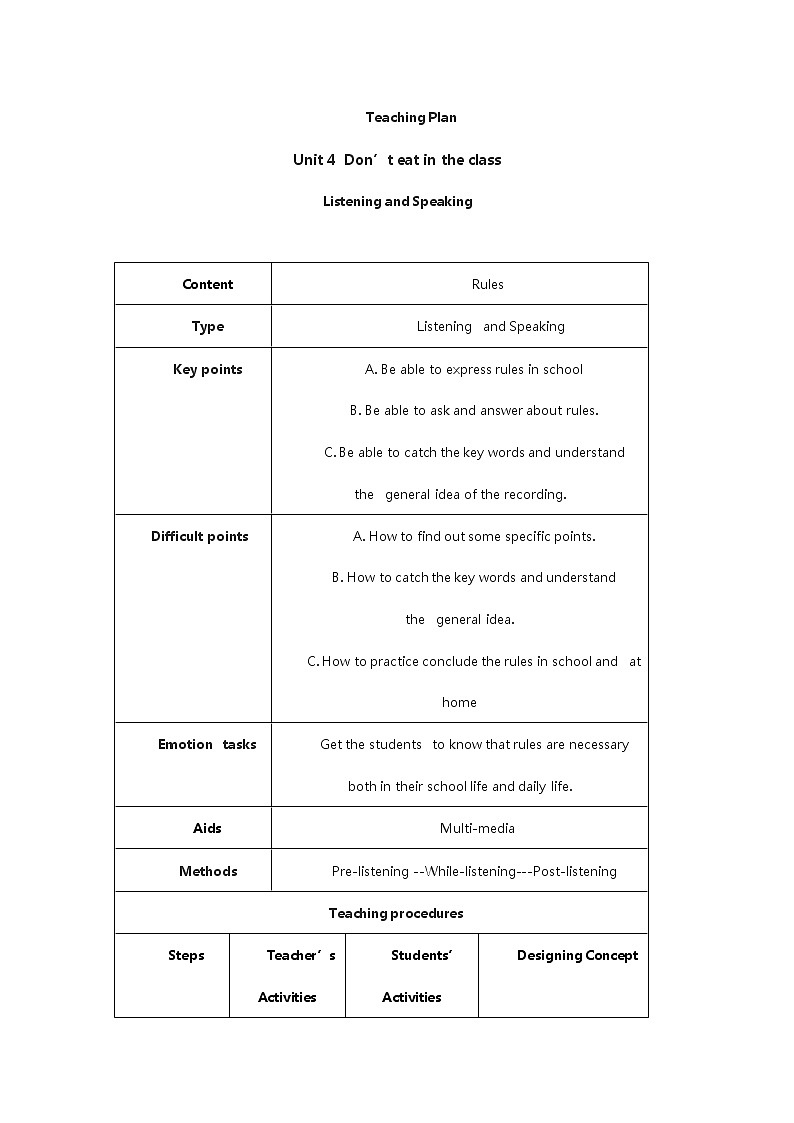 人教版七年级下册英语  Unit 4 Don 't eat in class Section B教案（表格式）第1页