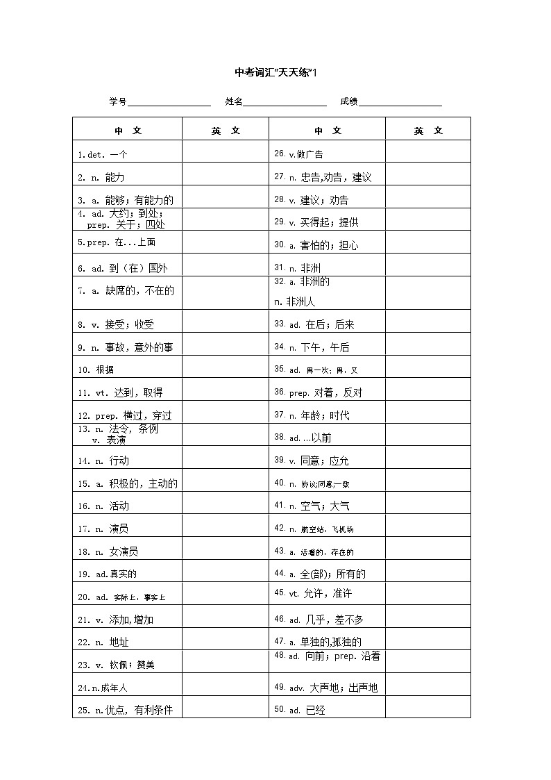 1707词天天练-中译英第1页