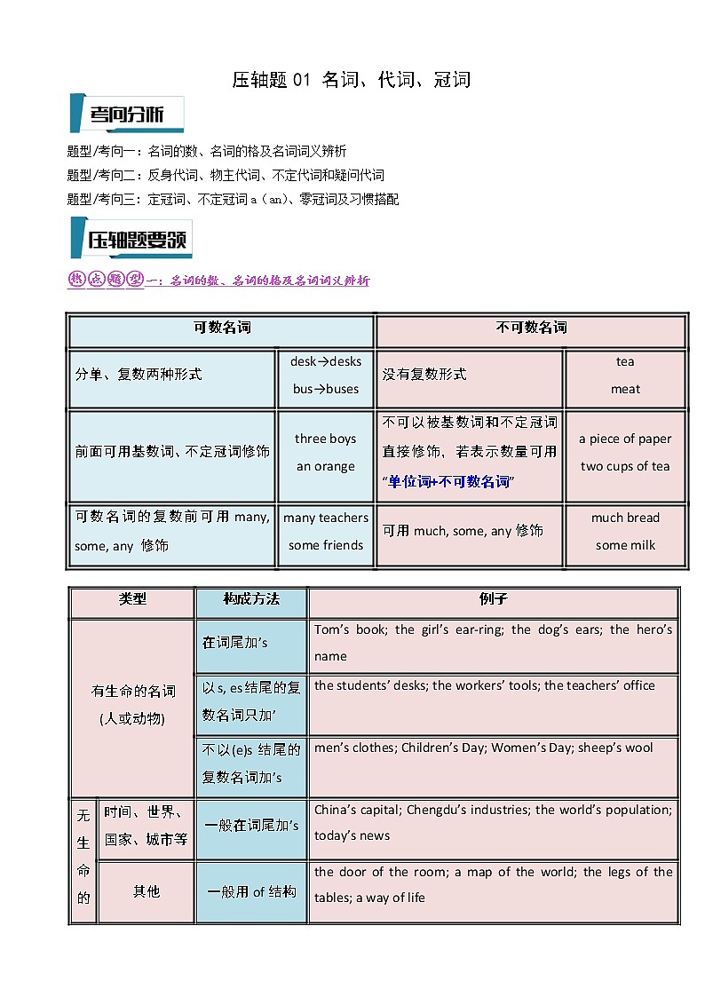 压轴题01 名词、代词、冠词-2023年中考英语压轴题专项训练（全国通用）01