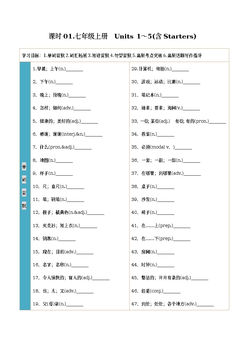 课时01.七年级上册　Units 1～5(含Starters)-2023中考英语四轮总复习（人教新目标版）（教师版）第1页