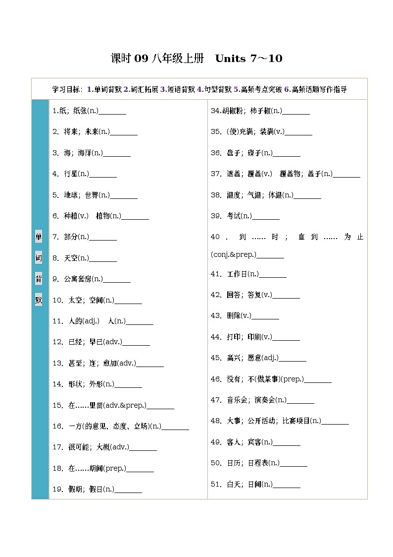 课时09八年级上册　Units 7～10-2023中考英语四轮总复习（人教新目标版）（教师版）第1页