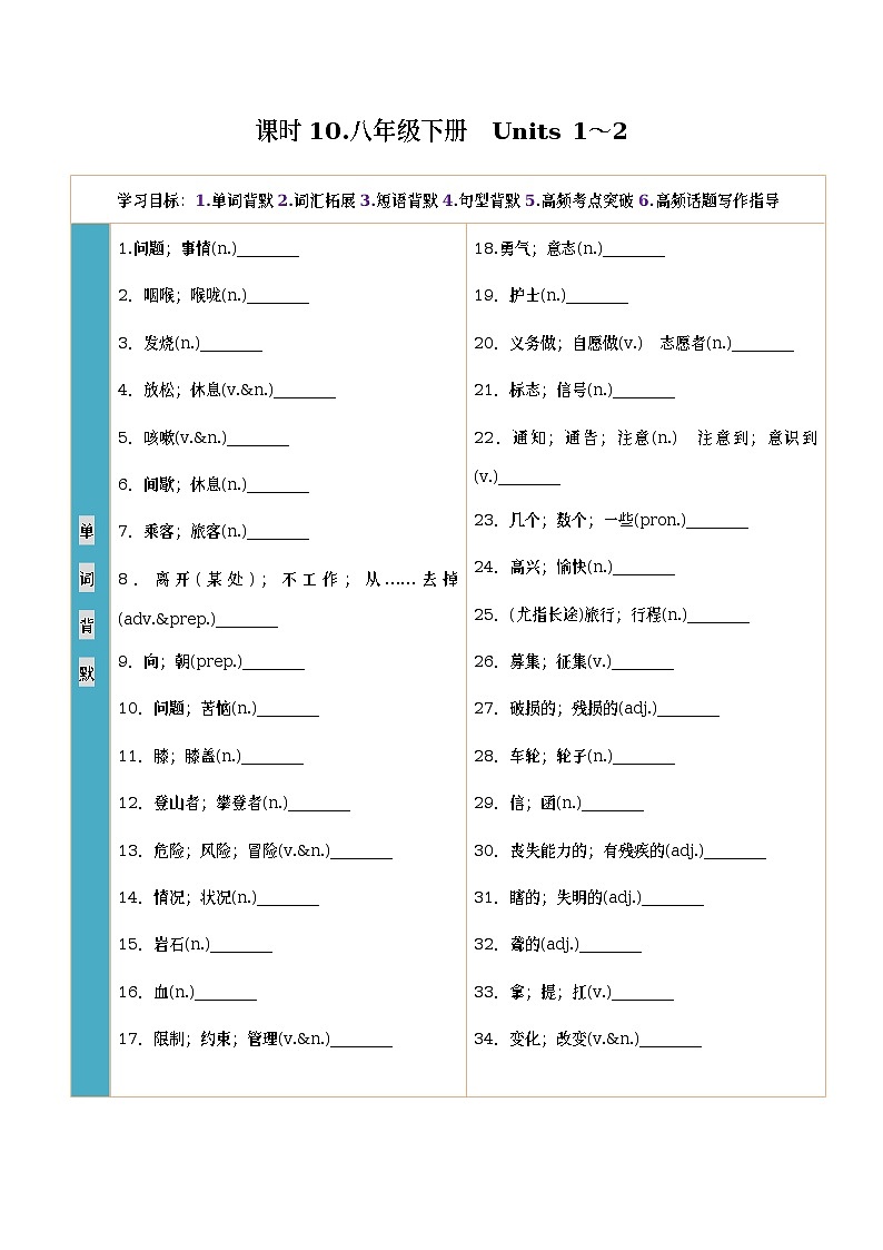 人教新目标初中英语课时10 八年级下册　Units 1～2-2023中考英语一轮总复习（人教新目标版） 试卷01