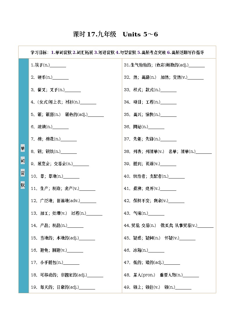 人教新目标初中英语课时17 九年级全册　Units 5～6-2023中考英语一轮总复习（人教新目标版） 试卷01